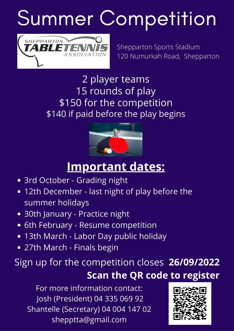 Shepparton Table Tennis Summer Pennant (All Ages)