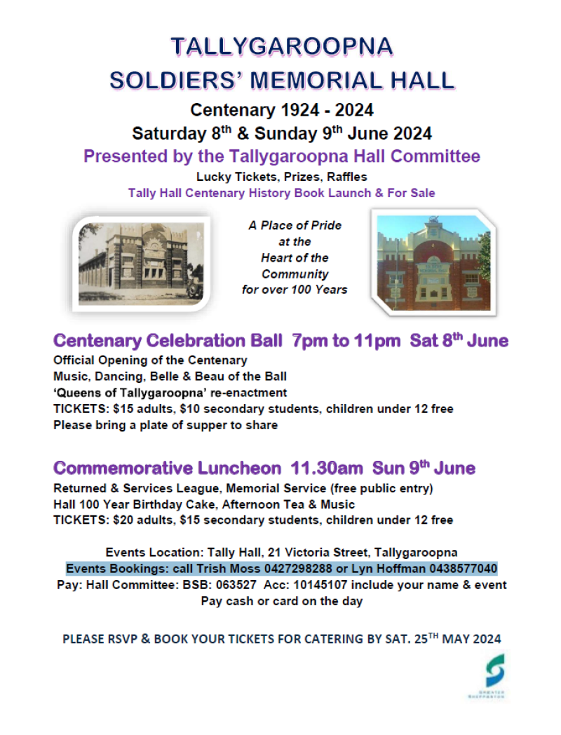 Tallygaroopna Soldier's Memorial Hall Centenary - 1924-2024