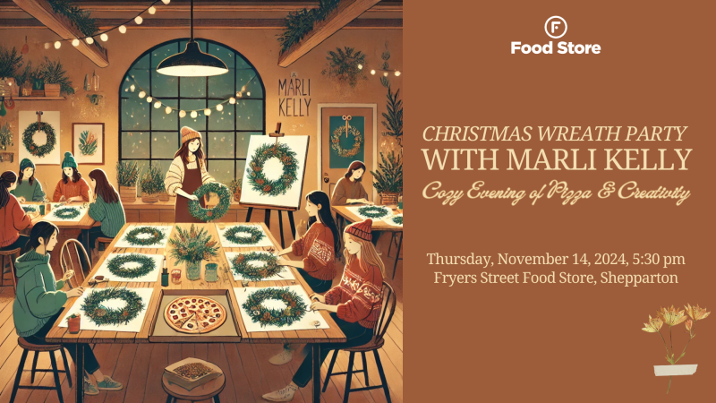 Christmas Wreath Party with Marli Kelly – Cozy Evening of Pizza & Creativity