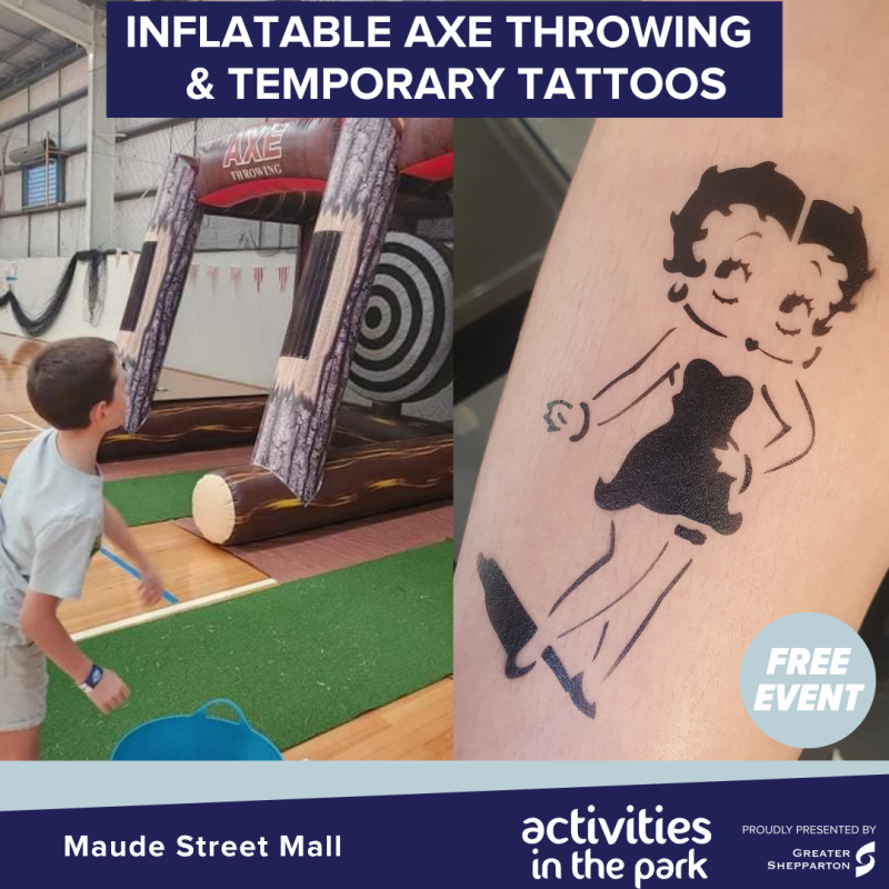 Inflatable Axe Throwing and Temporary Tattoos 
