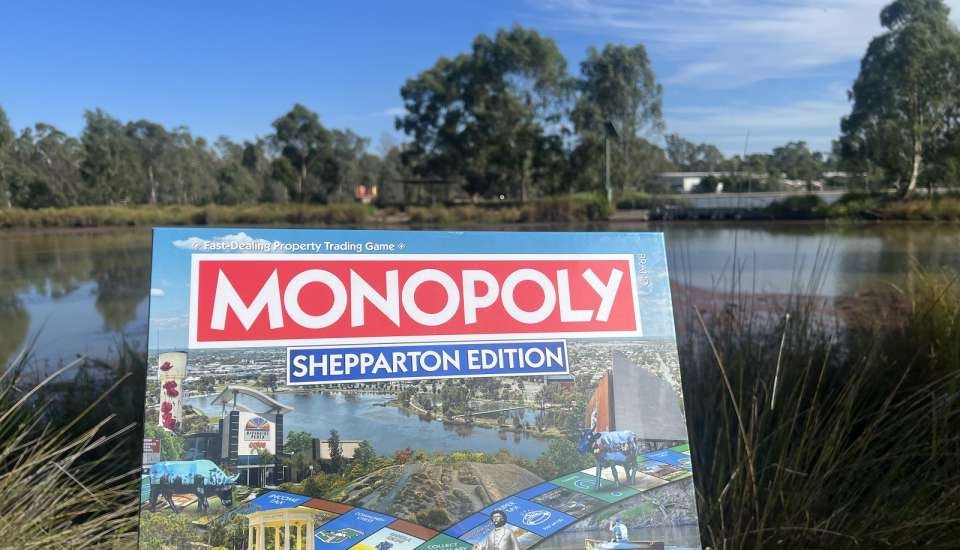 Monopoly Shepparton Edition Launch Victoria Park Lake 19 March 2025 - Monopoly with Lake background 5734 - web