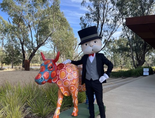 Monopoly Shepparton Edition Launch Victoria Park Lake 19 March 2025 - Mr Monopoly and Rainbow Bubbles Moooving Art 5751 - web